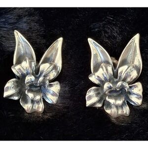 Vintage Danecraft Sterling Silver Orchid Flower Clip On Earrings Mid Century